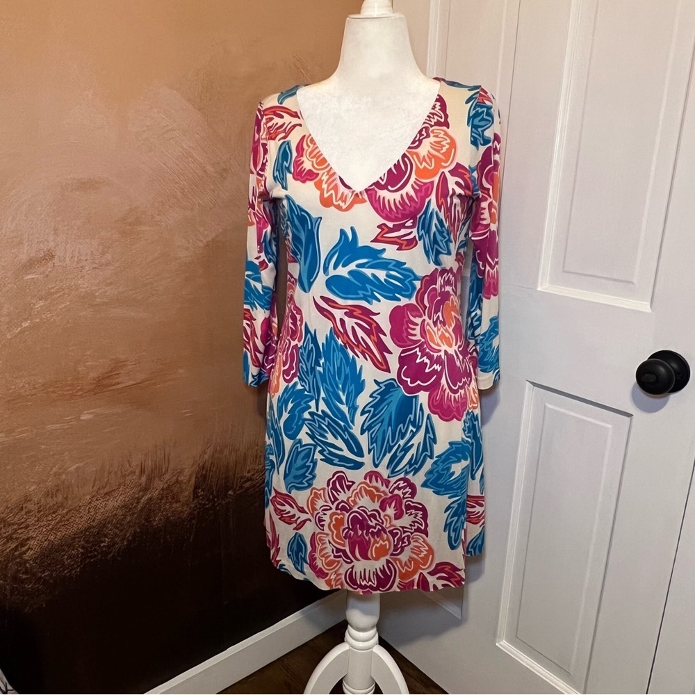#96 DIANE VON FURSTENBERG KADEN SILK FLORAL V-NECK DRESS W. 3/4 SLEEVES SIZE 12 - Picture 3 of 7